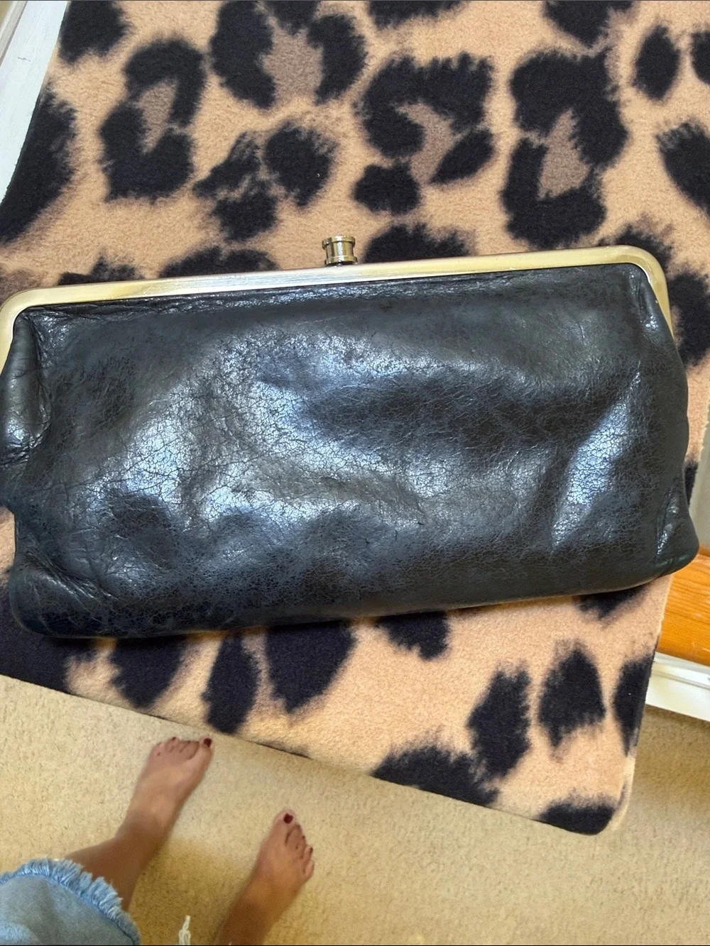 HOBO Lauren Black Leather Clutch/Wallet- silver hardware